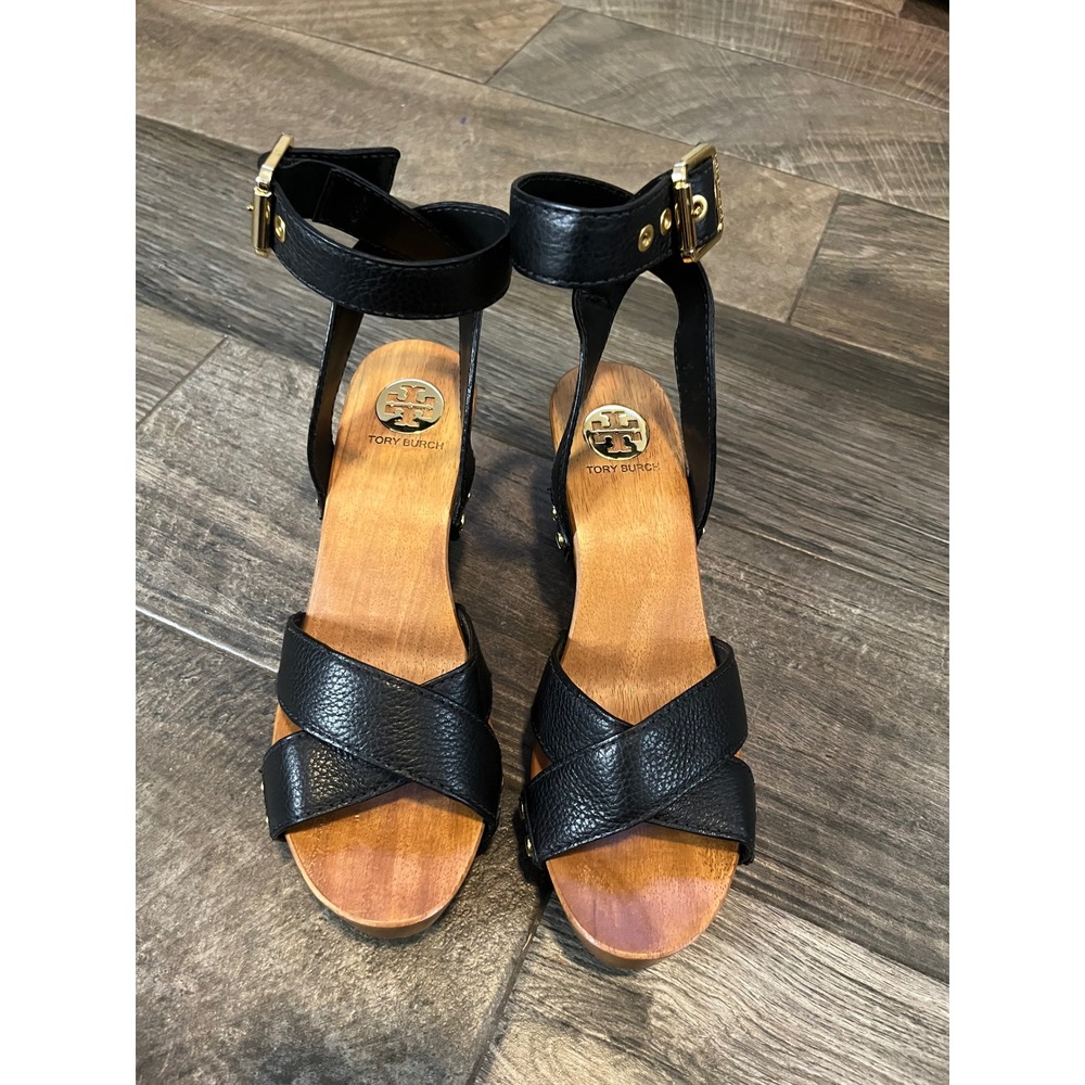 Tory Burch Black Leather Wood Platform Wedge Sandals Ankle Strap Gold Studs 8.5M